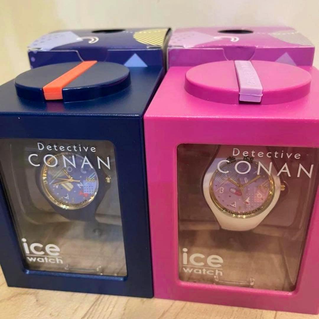 Two boxed Ice-Watch Detective Conan watches, one in a blue box and one in a pink box, visible through clear fronts.