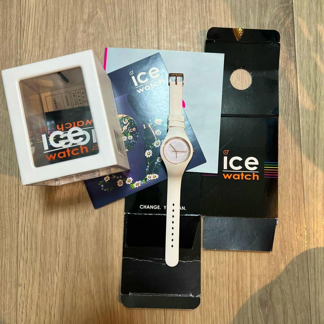 White ICE Watch women's wristwatch with round face and silicone strap displayed on its opened packaging on a wooden surface.