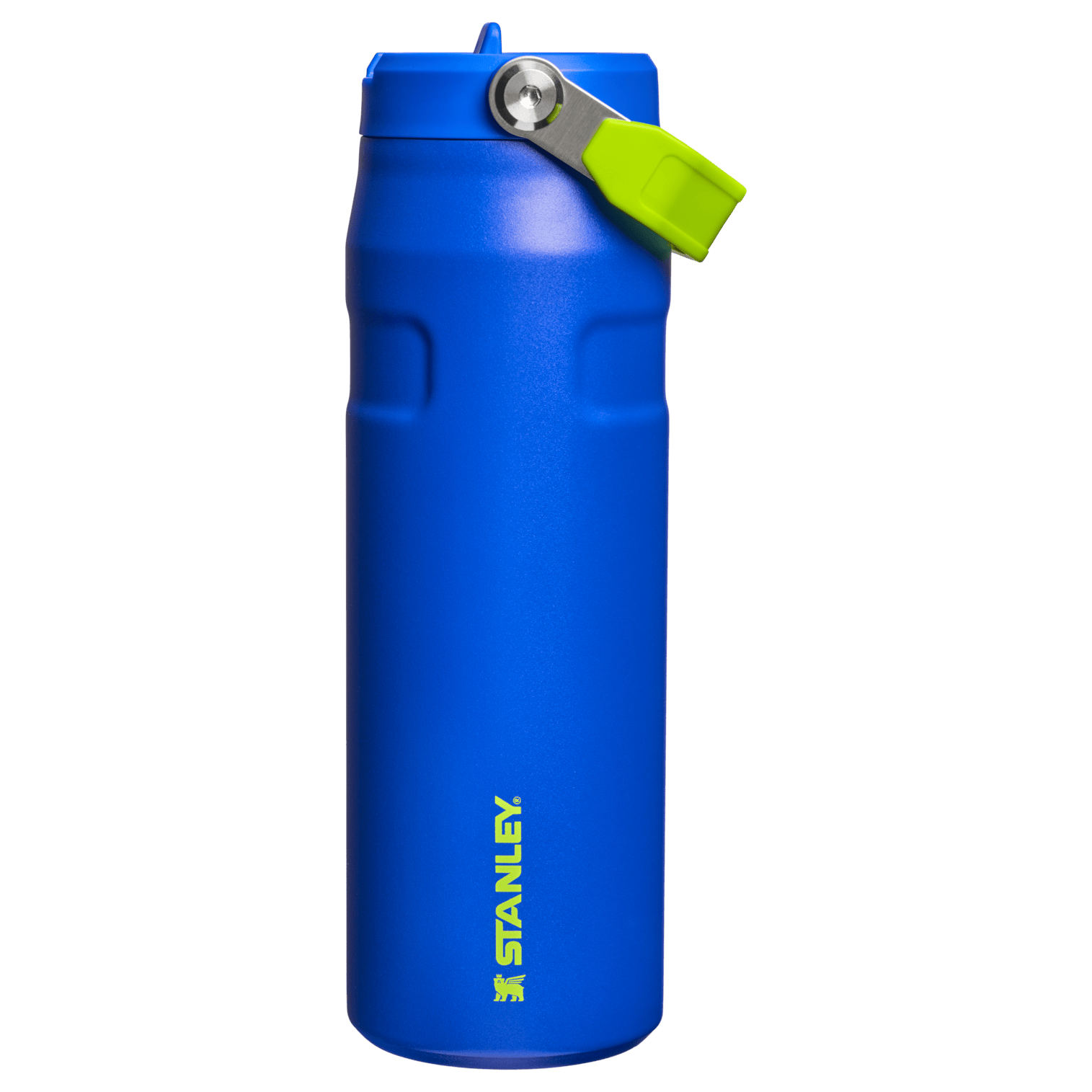 Close-up of a blue 24 oz stainless steel vacuum-insulated tumbler showing the flip-straw lid and a lime-green latch.