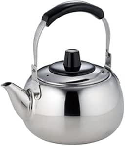 A round metal teapot with a spout, lid, and an arched black handle.