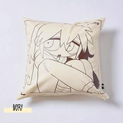 Ivory square cushion featuring a large monochrome line-art character illustration.