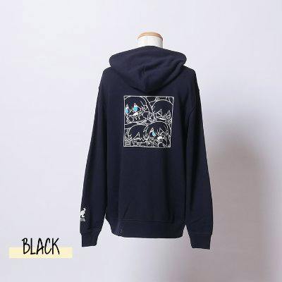 Back view of the pullover hoodie on a mannequin showing a square character graphic on the back and a small logo on the sleeve.