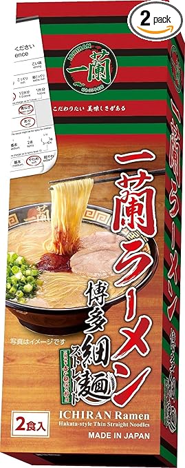 Boxed package of Ichiran instant ramen (Hakata-style thin straight noodles, 2 servings) showing the brand logo and a photo of a prepared bowl.