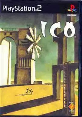 Cover art for the PlayStation 2 game ICO showing the game's title and stylized architectural artwork.