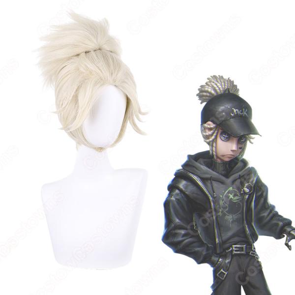 Light-colored cosplay wig styled in an updo displayed on a white mannequin head alongside related character artwork.