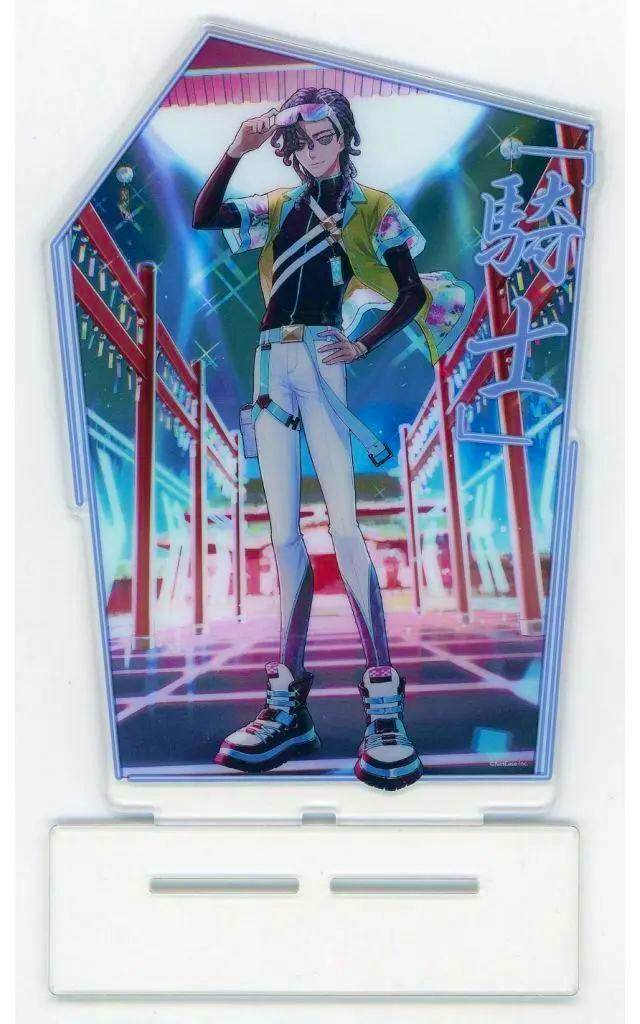 A photo of an acrylic decorative stand panel showing the 'Knight' (Richard Sterling) character from Identity V with its white plastic base.