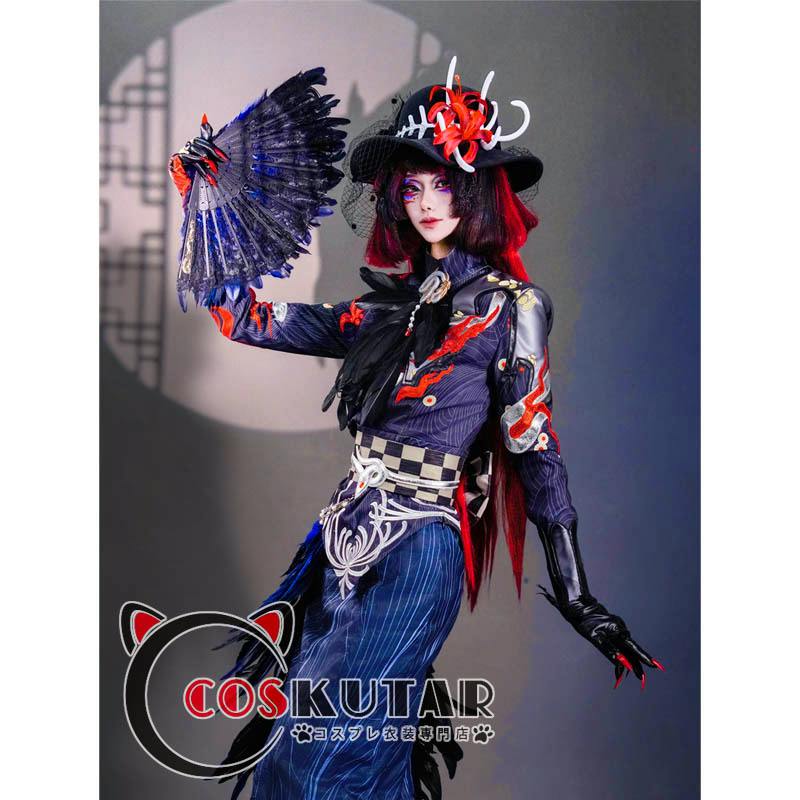 Model wearing the IdentityV geisha cosplay dress with a black hat, decorative fan, and long red hair.