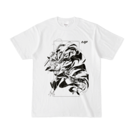 White cotton T-shirt with a large black printed illustration on the front.