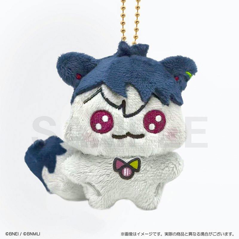 Small Idolish7 "Animarisshu Seven" momonga plush keychain with blue hair, embroidered facial features, and a gold ball chain.