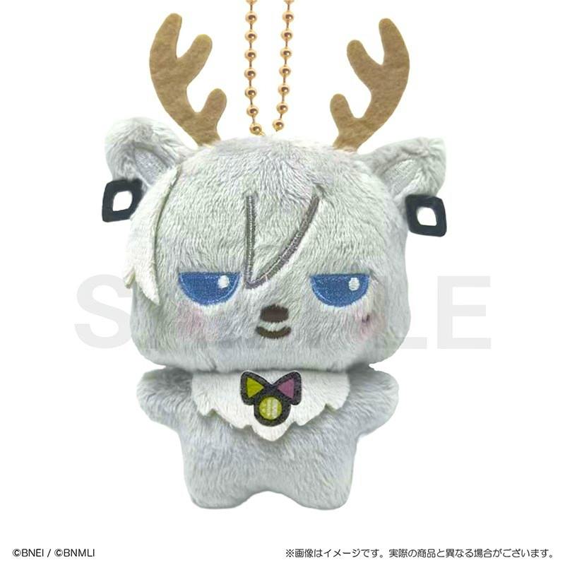 Front view of the gray plush keychain of the product (ゆきりん) showing antler attachments and embroidered facial features.