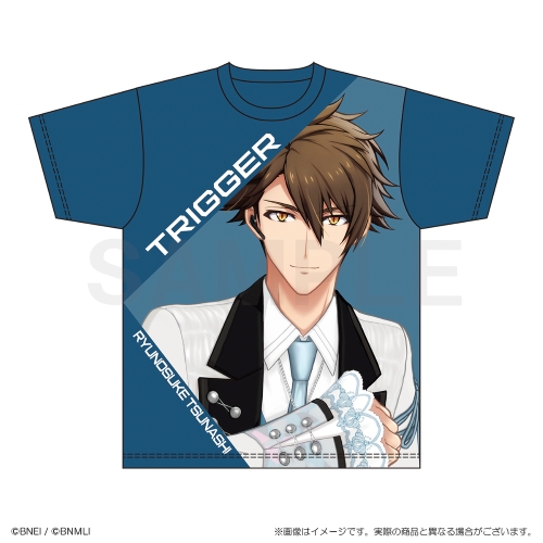 Full-graphic blue polyester T-shirt showing a large front print of the anime character 十龍之介 with the word "TRIGGER".