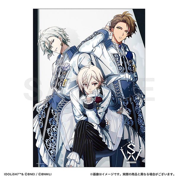 Clear poster showing a group illustration of three TRIGGER characters from アイドリッシュセブン in coordinated white and blue outfits.