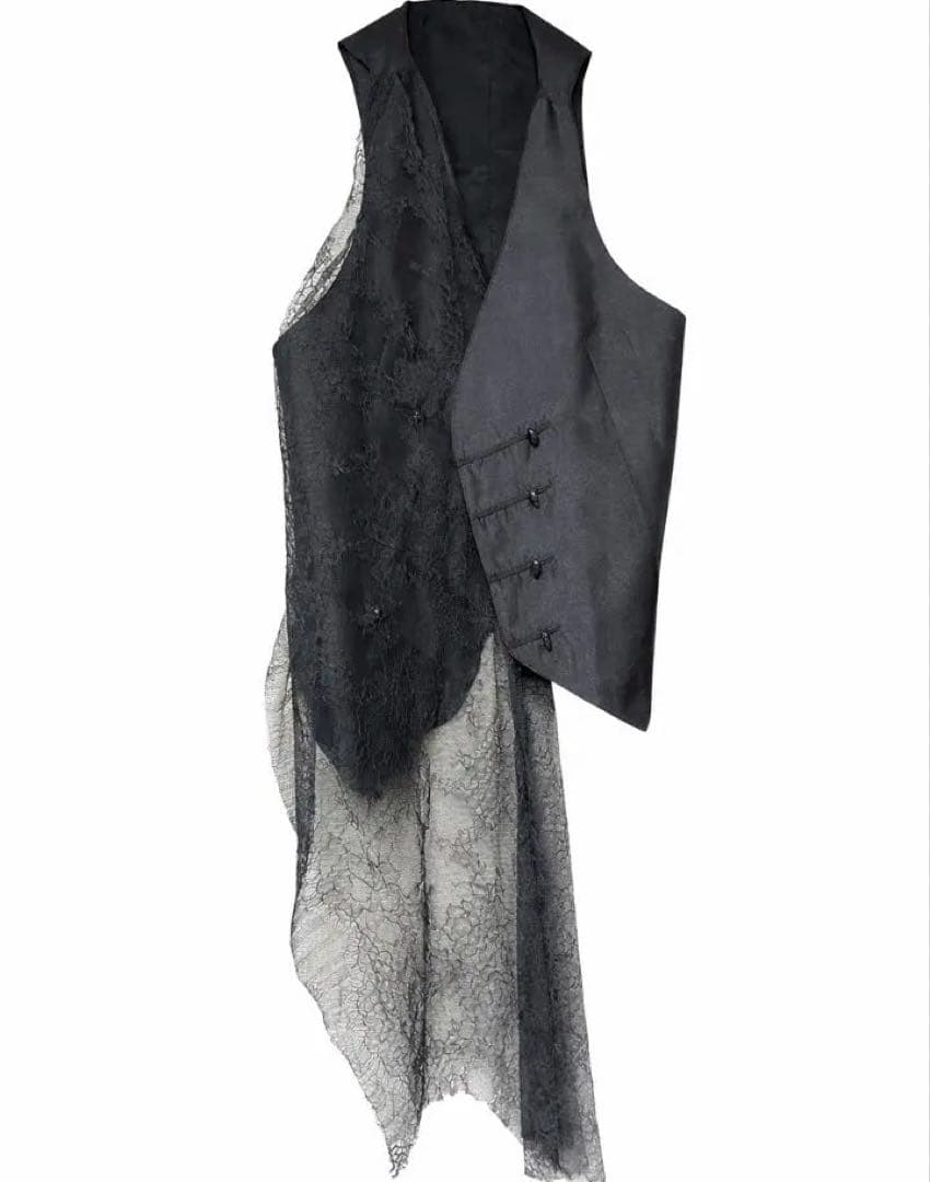 Black silk vest with an asymmetrical lace drape and three side buttons on a white background.