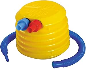 Yellow bellows-style Igarashi Air BB step foot pump with two nozzle fittings and a blue hose.