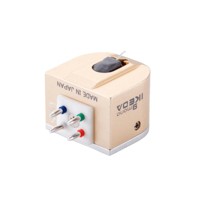 IKEDA 9mono MC cartridge on a white background showing its gold-colored body and four color-coded rear connector pins.