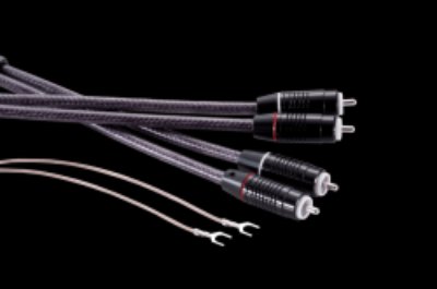 IKEDA SOUND Labs HBC-MS5000-RR RCA-RCA cables with braided gray jackets, four RCA male plugs and two spade connectors on a black background.