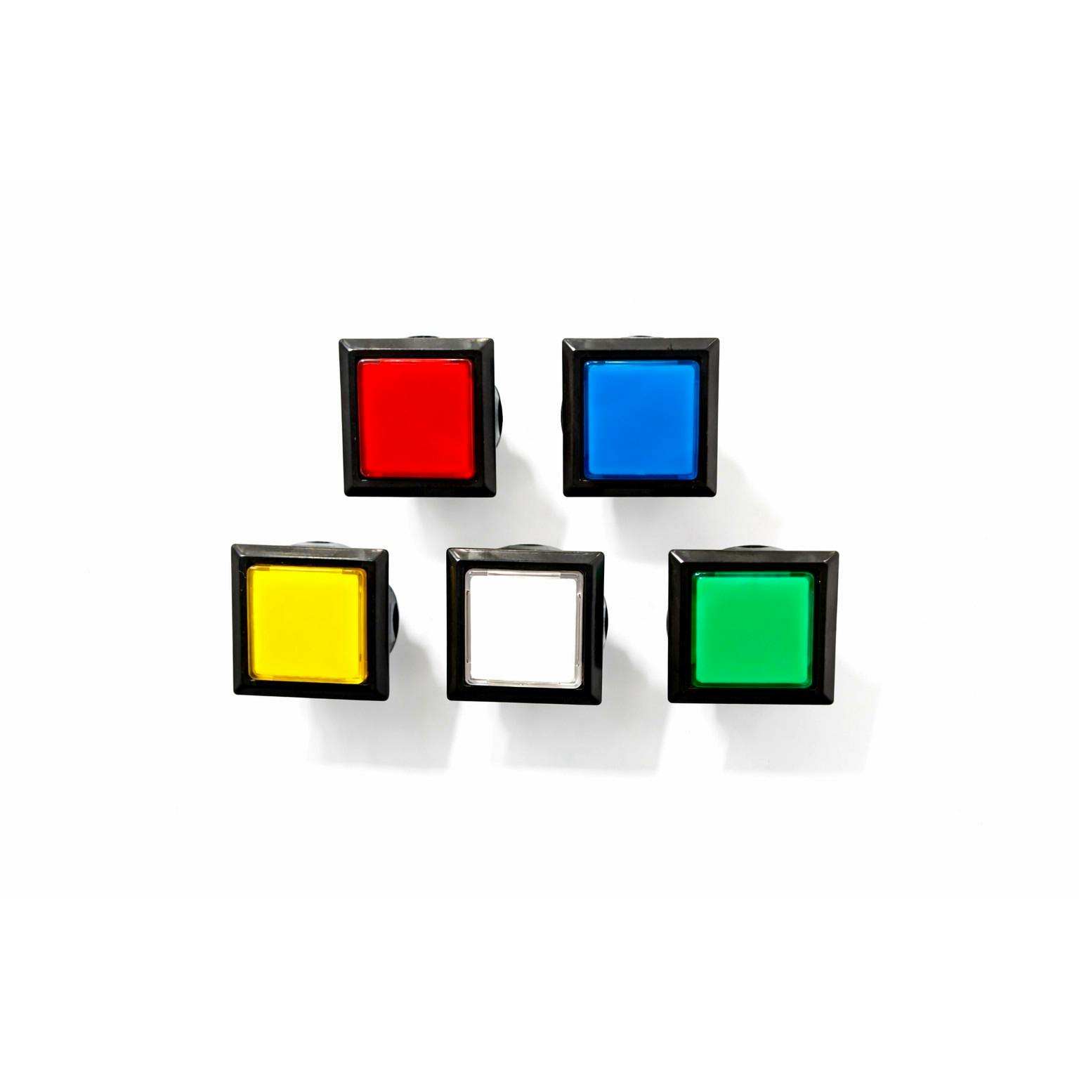 Five square illuminated arcade push buttons in red, blue, yellow, white, and green arranged on a white background.