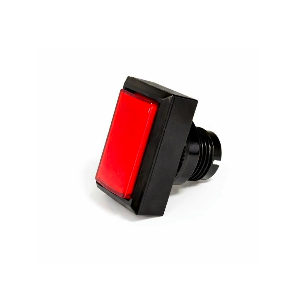 Red square illuminated arcade push button with a black housing shown at an angle on a white background.