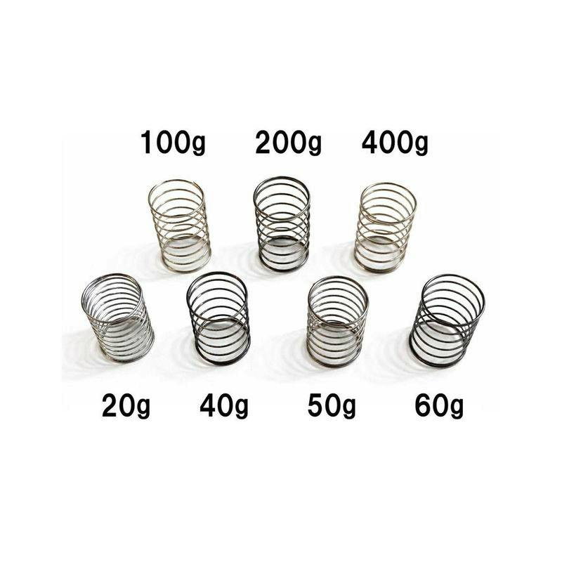 Coil springs for illuminated push buttons arranged on a white background with weight labels 20g, 40g, 50g, 60g, 100g, 200g, and 400g.