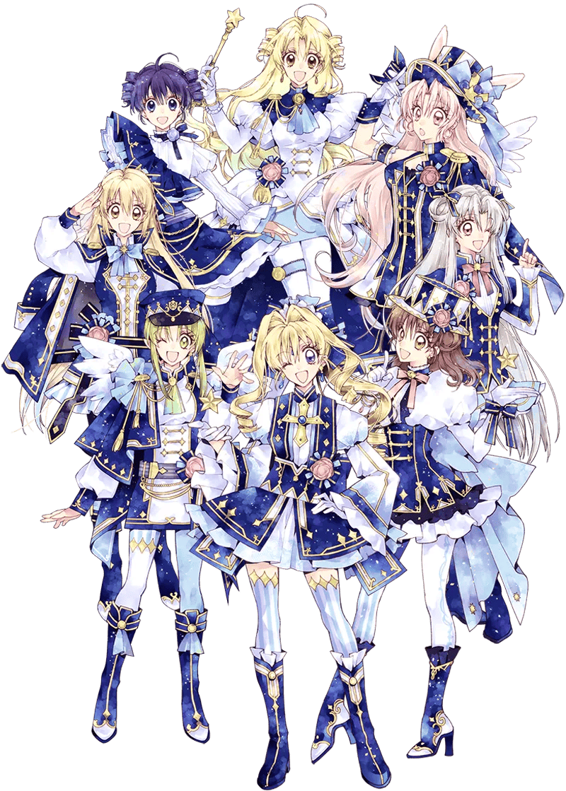 Illustration card artwork showing multiple girls in blue-and-white themed costumes.