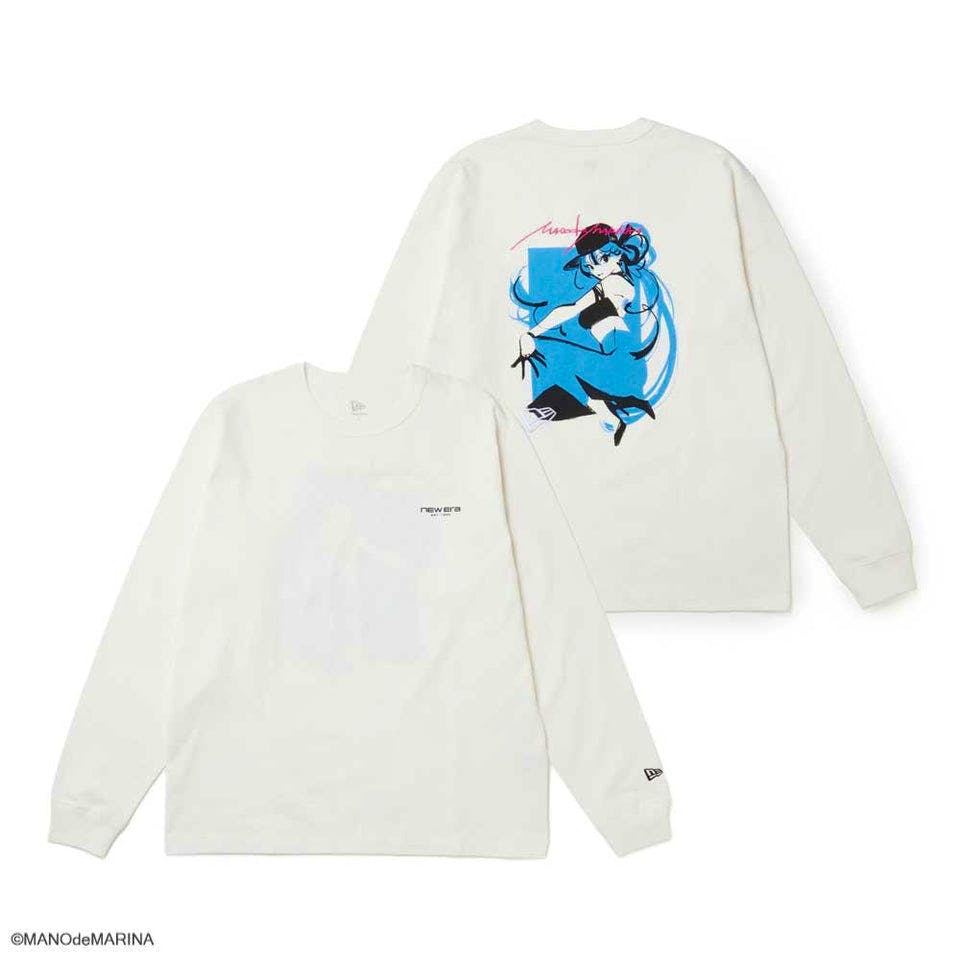 Off-white long-sleeve washed cotton T-shirt shown front and back with a small chest logo and a large blue illustration on the back.