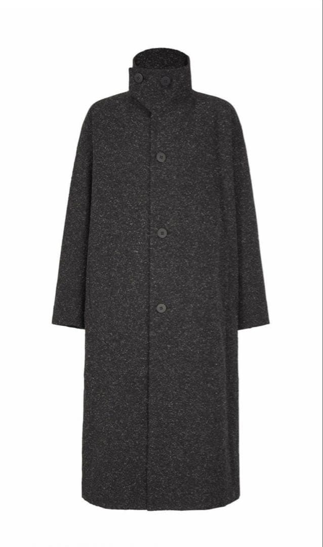 Front view of a dark men's wool-silk light outer coat with a high collar and button closure on a white background.