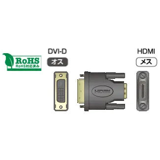 Illustration of an HDMI-female to DVI-D-male conversion adapter showing the connector faces and a RoHS logo.