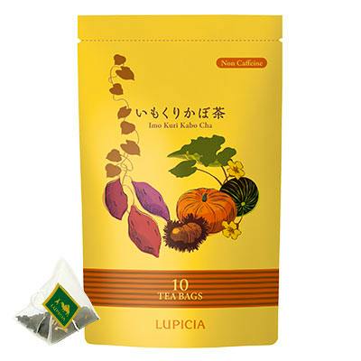Yellow pouch labeled "Imo Kuri Kabo Cha" showing illustrations of sweet potato, chestnut, and pumpkin with a small teabag and text indicating 10 tea bags.
