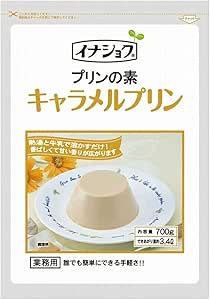 Front of Ina Foods caramel pudding powder package showing a prepared caramel pudding on a plate and product labeling.