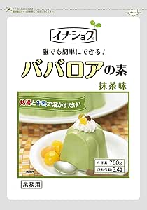 Front of a packet of Ina Foods matcha Bavarois pudding mix showing a green matcha bavarois dessert and Japanese text on the packaging.