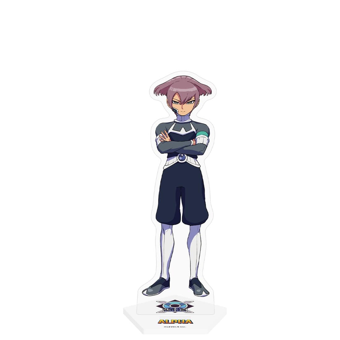 A full-body acrylic character stand of アルファ on a clear plastic base against a white background.