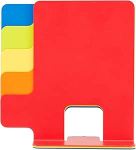 Red iron bookend with multicolored tab-like edges and a rectangular cutout near the base.