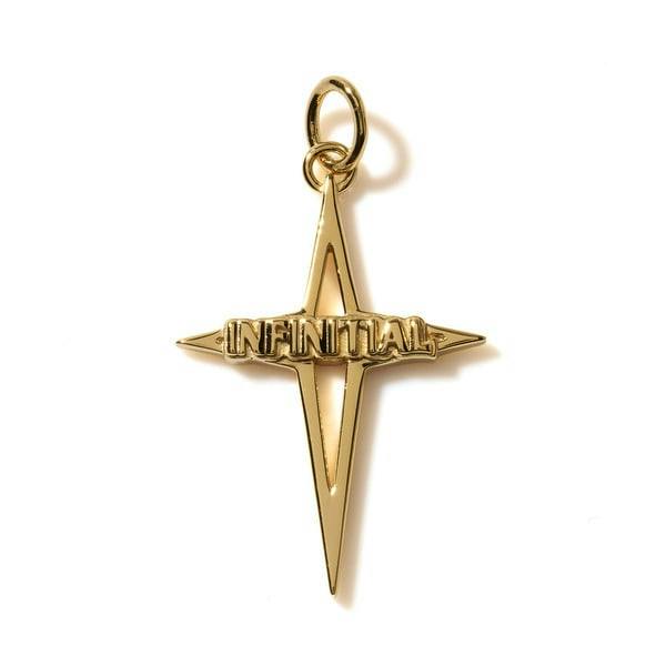 Close-up of the Infinity Cross Charm M YG pendant showing the cross-shaped charm with a top jump ring and 'INFINITTAL' lettering on a white background.