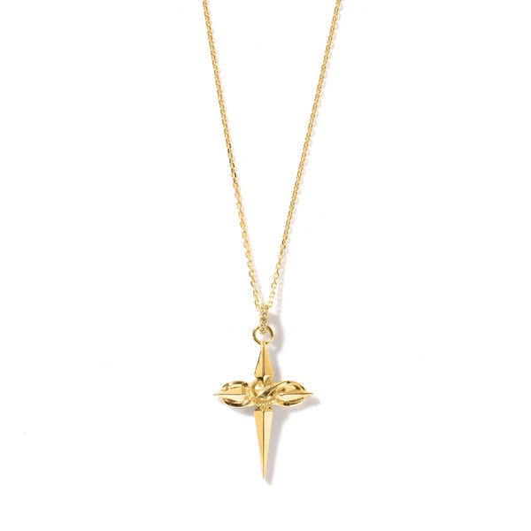 Yellow gold infinity cross pendant on a chain against a white background.