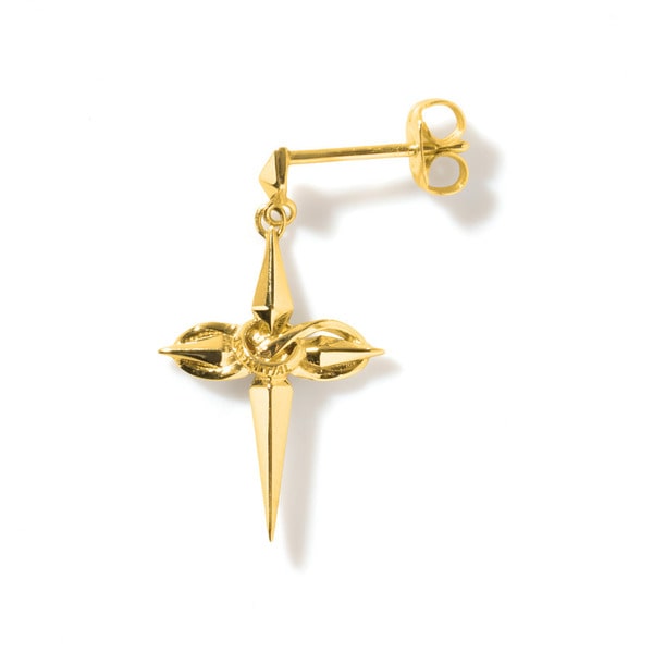 Single Infinity Cross pierced earring in yellow gold shown on a white background.