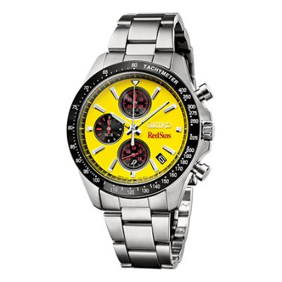 Seiko RedSuns chronograph wristwatch with a yellow dial, black tachymeter bezel, and stainless steel bracelet.