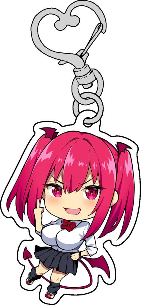 Acrylic keychain showing a chibi pink-haired anime girl in a school uniform with a heart-shaped metal clasp.