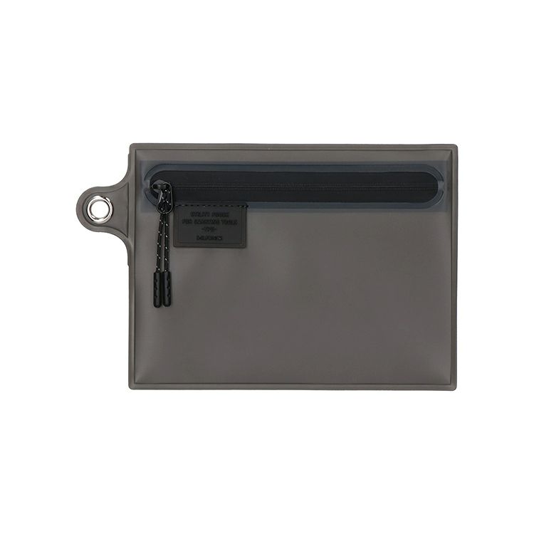 A translucent gray flat plastic zip case with a top zipper and a circular grommet tab on the left.