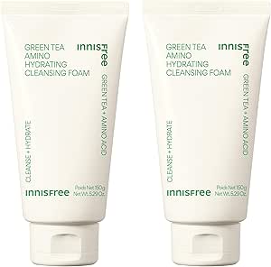 Two tubes of Innisfree Green Tea Amino Cleansing Foam 5.3 oz (150 g) each displayed side by side.