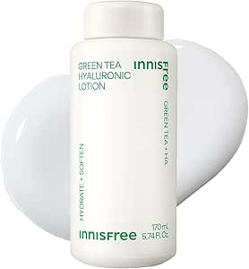 White bottle of innisfree Green Tea Hyaluronic Lotion 170 ml shown with a smear of lotion behind it.