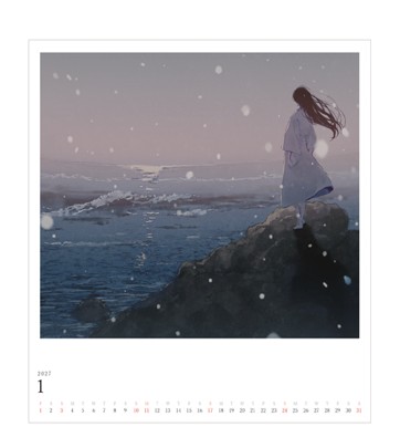 Calendar page showing artwork of a woman standing on a rocky shore in snowfall with a monthly date grid below.