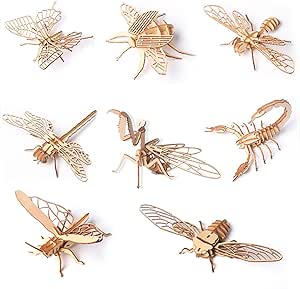 Eight assembled wooden insect 3D puzzle figures displayed on a white background.