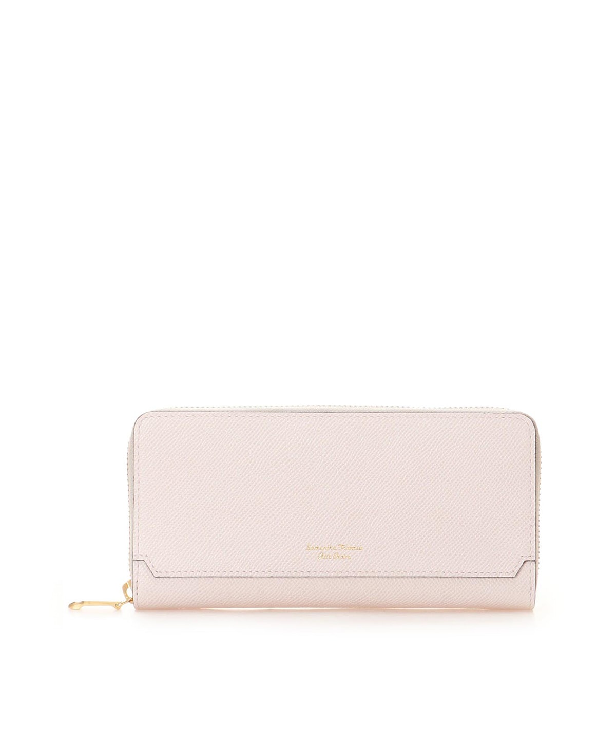 Front view of a light pink cow leather long zip-around wallet with a gold-tone zipper pull.