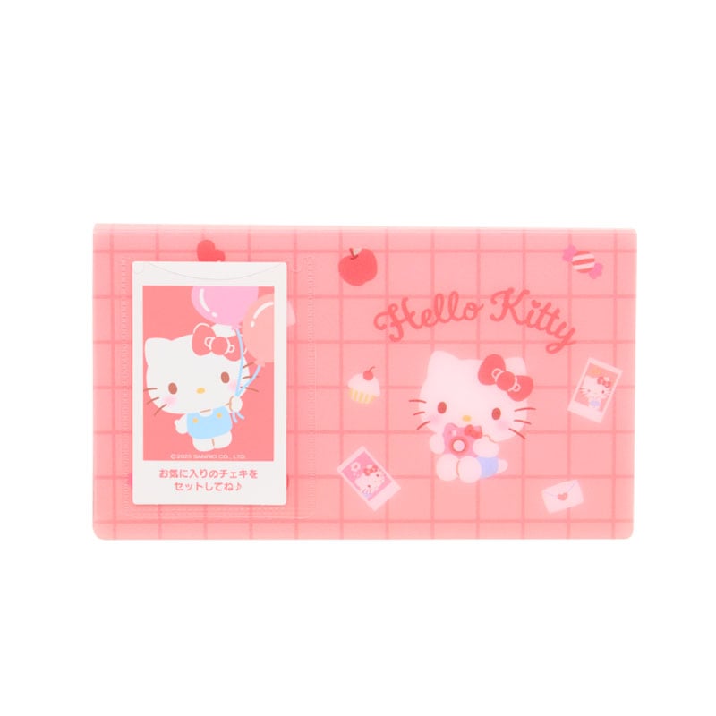 Pink pocket photo album with Hello Kitty design and a sample instant photo on the cover.