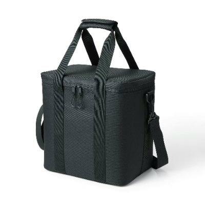 Black polyester insulated cooler bag with a top zipper, dual carry handles, and an adjustable shoulder strap on a white background.