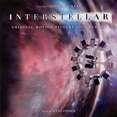 CD cover art for the Interstellar original soundtrack showing the title and a rotating space station against a colorful cosmic background.