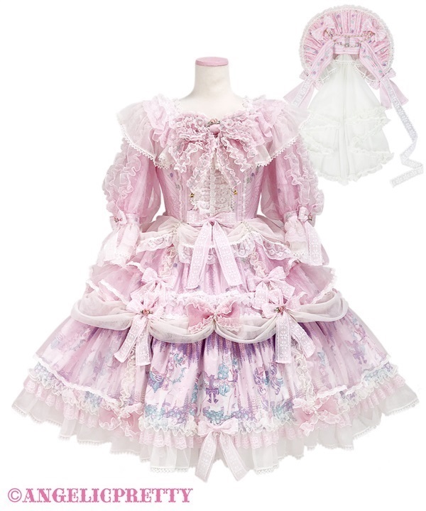 Pink carnival-style women's dress set on a mannequin with a matching bonnet.