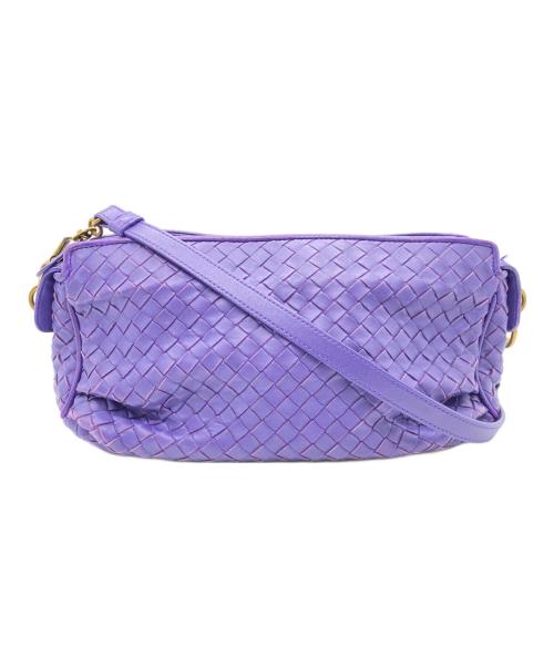 Purple intrecciato cow leather shoulder bag with a long strap shown against a white background.