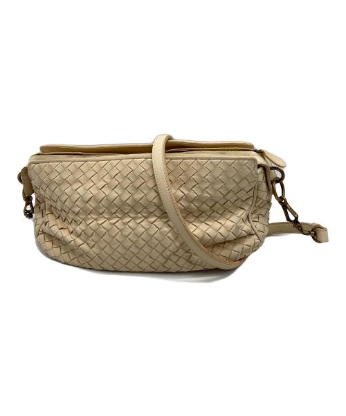 Beige intrecciato cow leather shoulder bag shown on a white background.