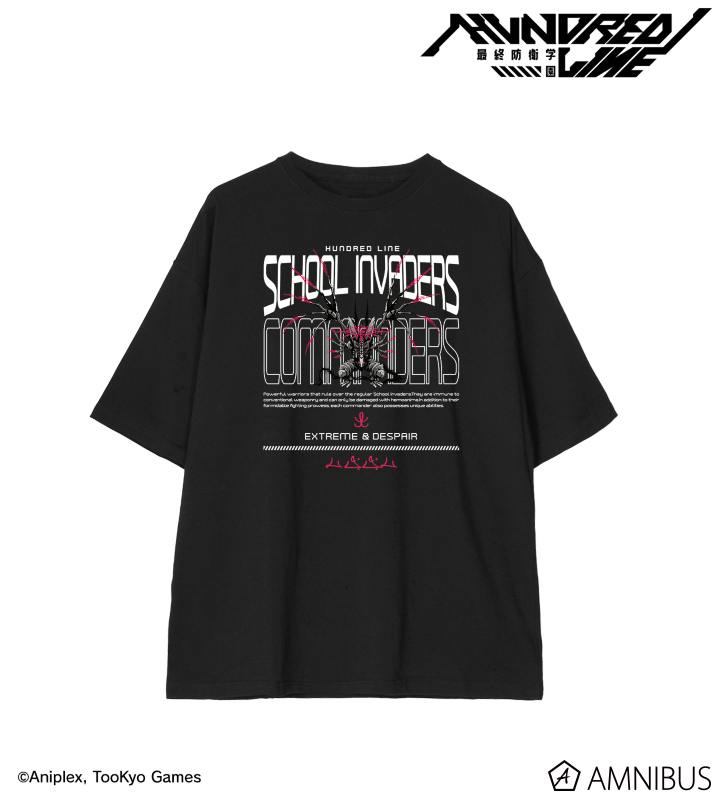 Black oversized cotton T‑shirt shown flat with a large white and pink "School Invaders / Commanders" front graphic.